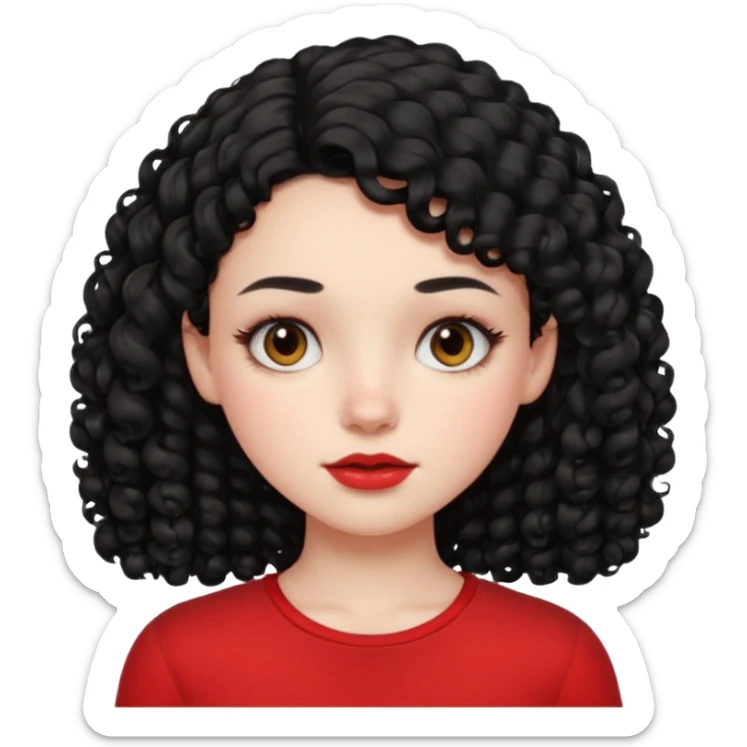 Side part black curly hair girl with mole above left side of lip pale skin red top sticker