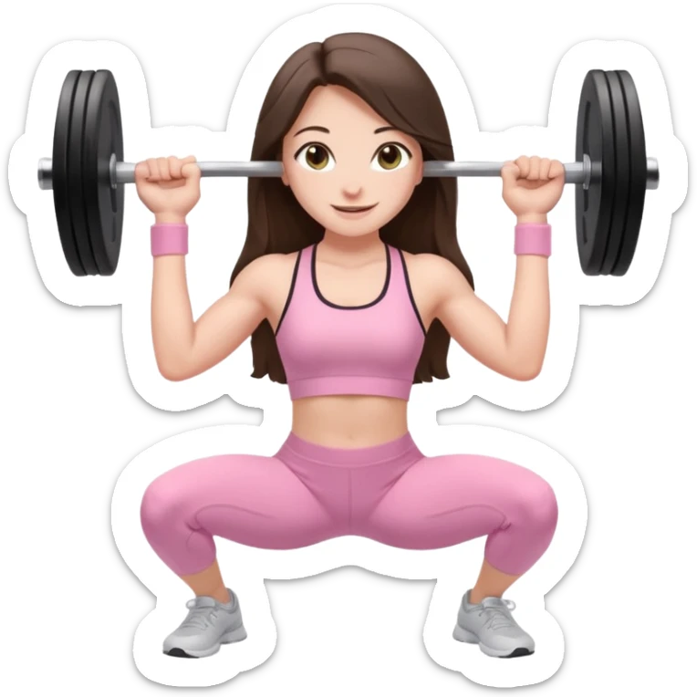 white happy brunette teen long hair with hazel eyes in light pink workout clothes holding a barbell bending over sticker