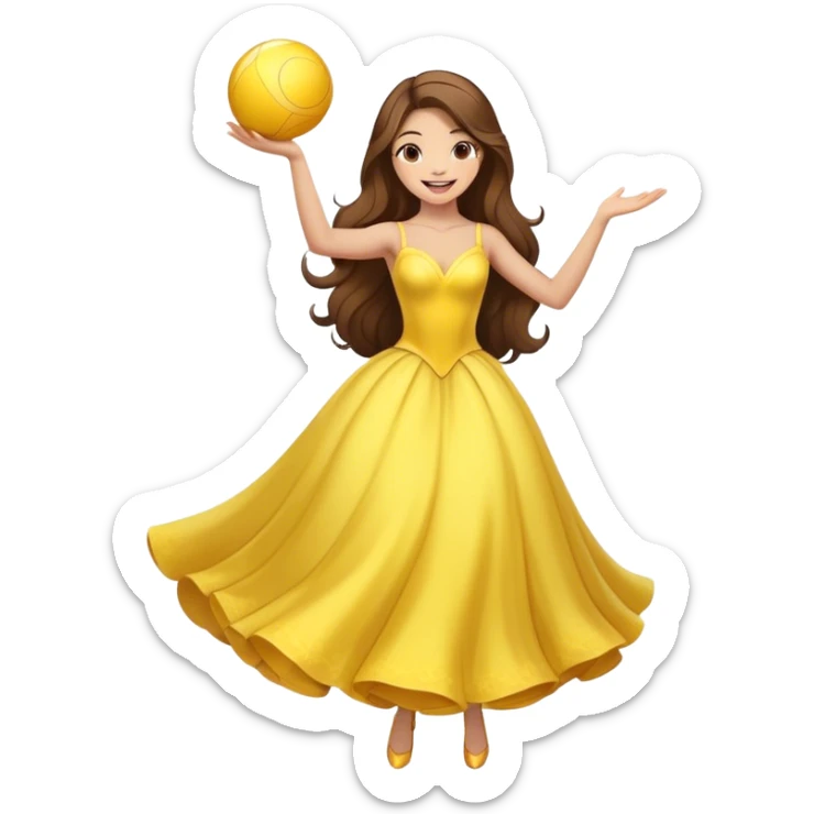 Cinematic Playful Belle Portrait Emoji, Spinning joyfully in her ball gown, arms outstretched, a radiant smile lighting up her face, exuding an enchanting blend of fun and elegance! sticker