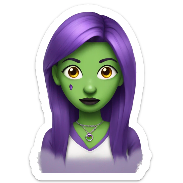 evil green girl with purple hair and a pierced nose sticker