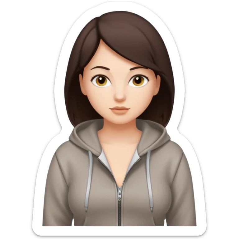Pretty, sexy, slightly curvy white woman with short dark brown hair, wearing only a tight, open, front zippered hoodie sticker