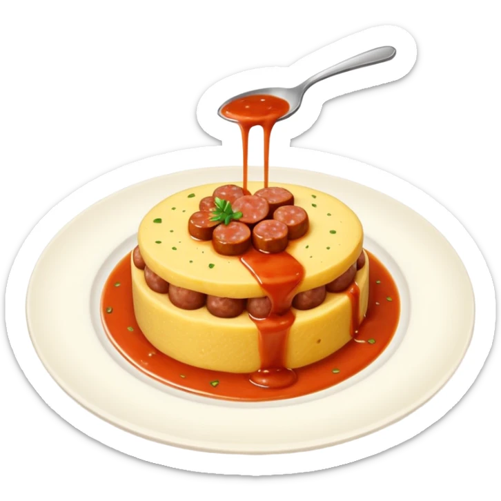 Fai l’emoji di una polenta che è quasi del tutto ricoperta di sugo, con la salsiccia sopra sempre bella insugata sticker
