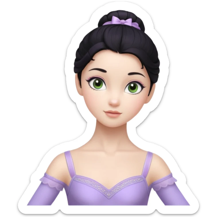 Cinematic Realistic ballerina Light Purple Portrait, depicted with lifelike skin texture, subtle rosy undertones, and soft natural lighting that enhances the gentle contours of her face. Her intricately detailed sweet black hair is elegantly styled, green eyes sticker