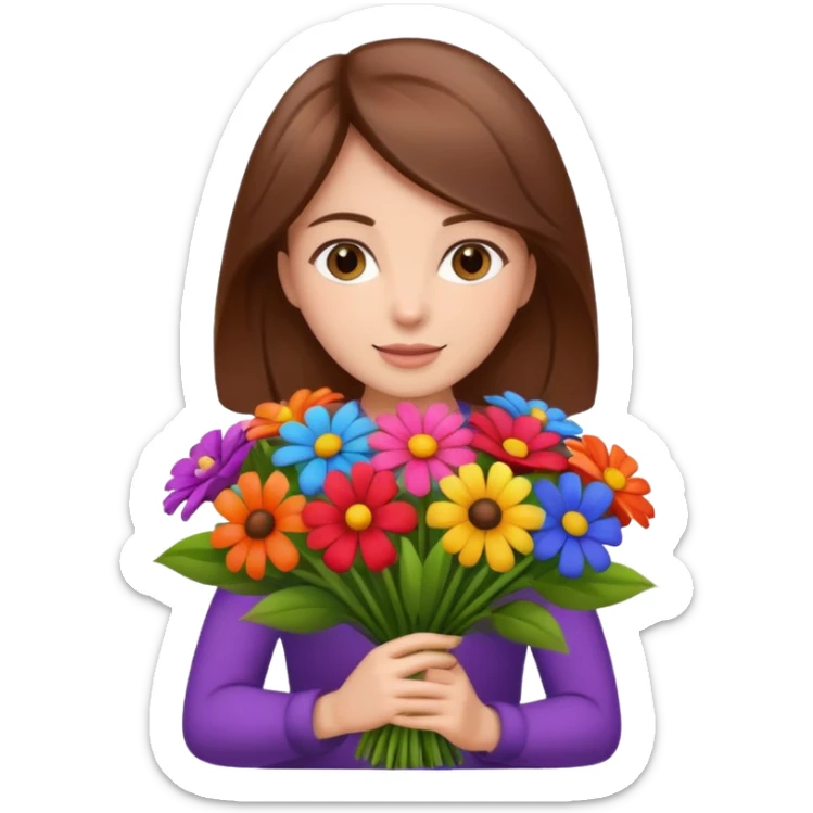 brown hair woman with big bouquet of flowers sticker