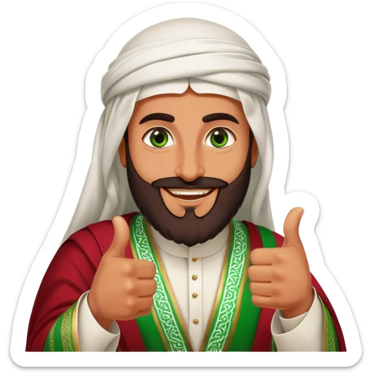 Tanned Arab Saudi man with green eyes and a beard, wearing traditional attire, red agal, smiling and giving a big thumbs-up sticker