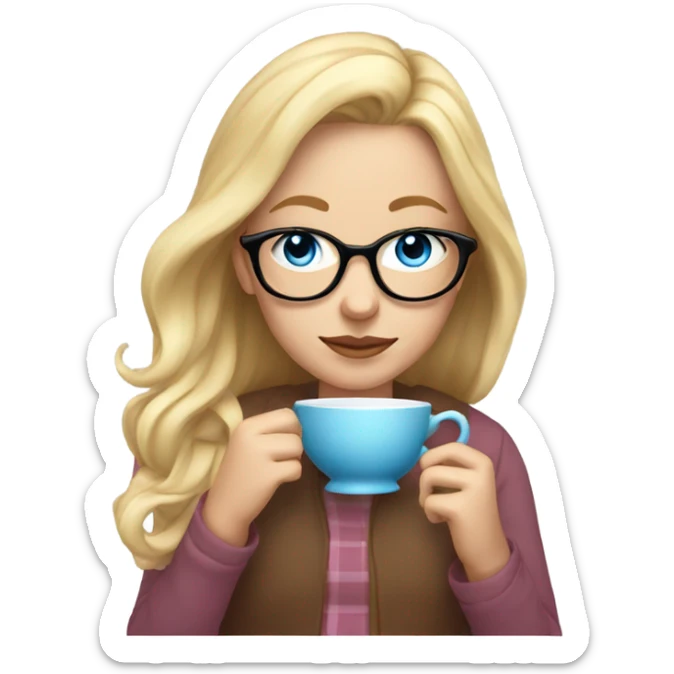 Girl with long blonde hair and blue eyes and glasses sipping tea sticker