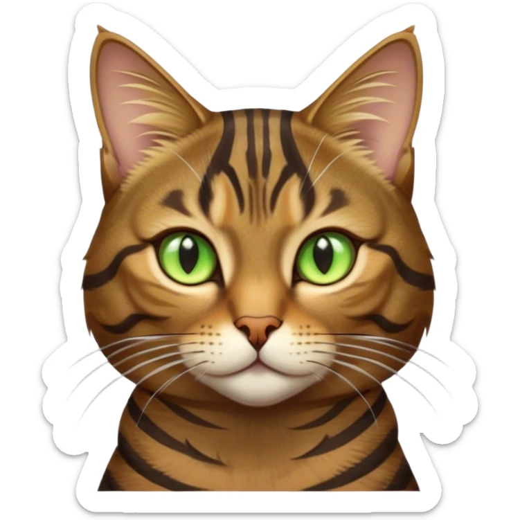 Cinematic Noble Brown Tabby Cat Portrait Emoji, Poised and regal, with sleek, well-groomed fur in warm brown tones accented by bold dark tabby stripes, striking almond-shaped golden-green eyes, Simplified yet sharp and sophisticated features, highly detailed, glowing with a soft, dignified glow, high shine, intelligent and graceful, stylized with an air of elegance, focused and attentive, soft glowing outline, capturing the essence of a watchful and refined feline, so majestic it feels as though it could glide across the screen with effortless confidence! sticker