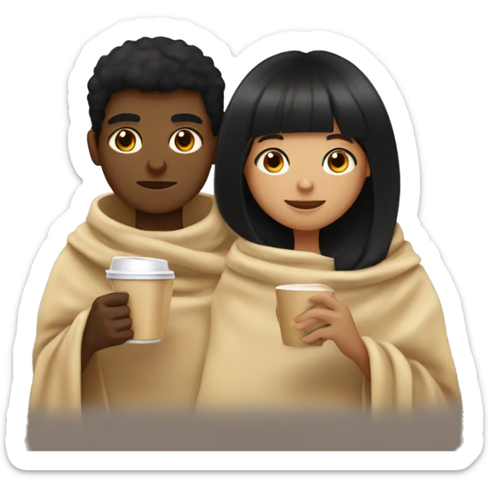 TAN SKIN GIRL WITH BLACK HAIR AND BANGS AND BROWN SKIN BOY WITH BLACK HAIR inside a blanket sipping coffee sticker