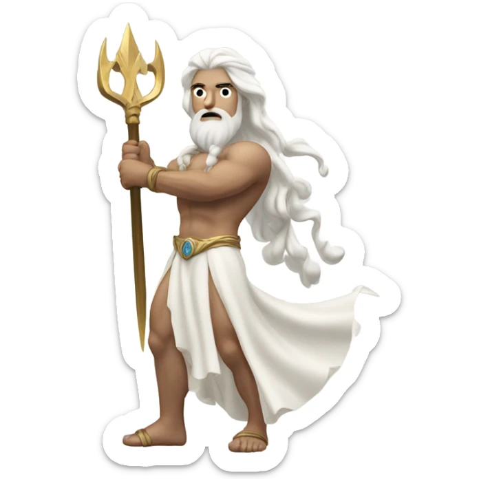 white Poseidon with gold Trident. long white hair white dress. show biceps muscle sticker
