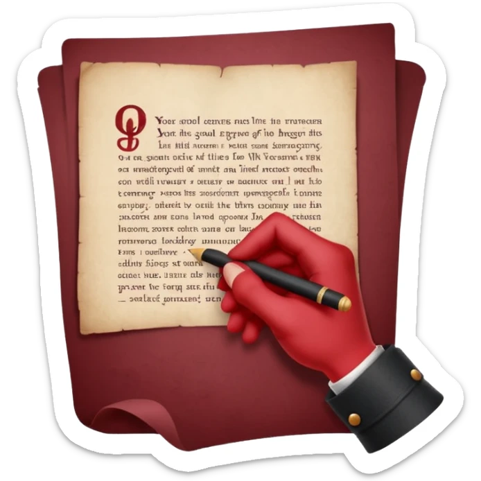 Minimalist emoji-style sticker of a pale hand signing a parchment contract titled “YOUR SOUL” in gothic font, muted red ink, grayscale background sticker