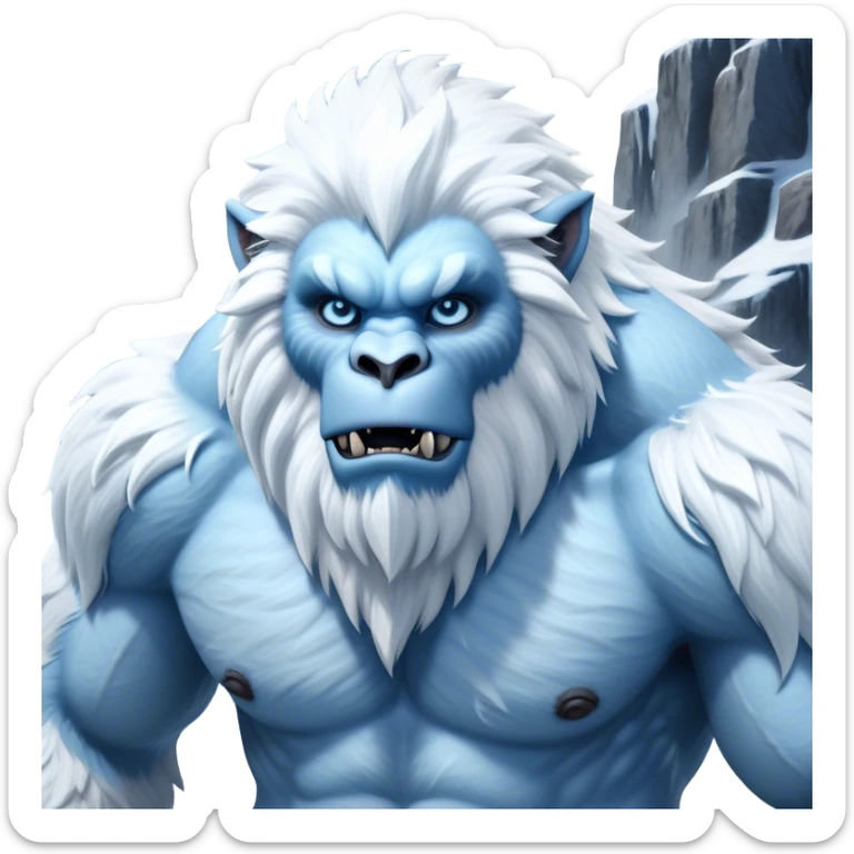 Cinematic Realistic WoW Yeti Portrait, depicted as a majestic, colossal creature of the frozen wilds, with thick, shaggy fur in pristine icy white and subtle pale blue highlights. His powerful, muscular frame and piercing ice-blue eyes exude ancient wisdom and raw strength. Rendered with lifelike texture and natural frosty lighting, high shine, noble and imposing, capturing the essence of a legendary yeti guardian. sticker