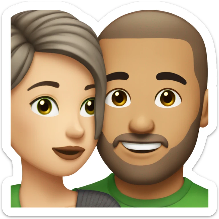 Buzz cut brown hair guy with green eyes kissing woman with dark brown hair and brown eyes sticker