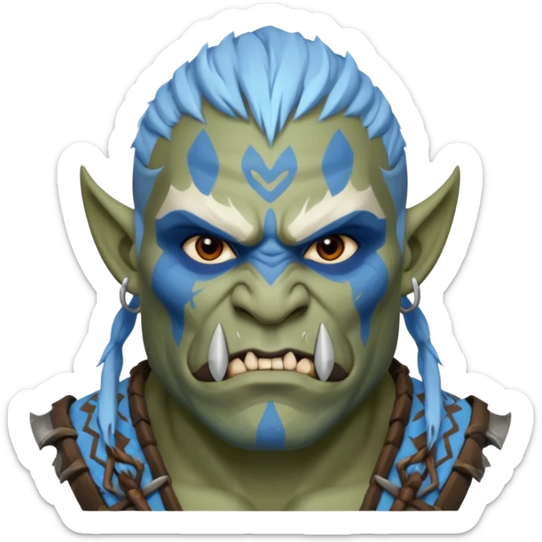 Fantasy orc portrait emoji, white and blue frost war paint on face, harsh winter warrior mood, strong expression, minimal tribal design, clean readable emoji style, male/female variant
 sticker