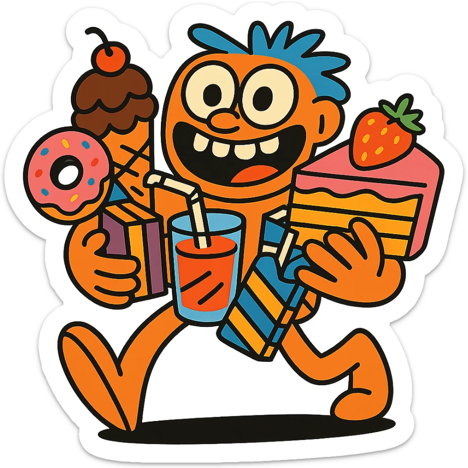 wide-eyed, silly character with arms full of desserts and treats, fun and excessive sticker