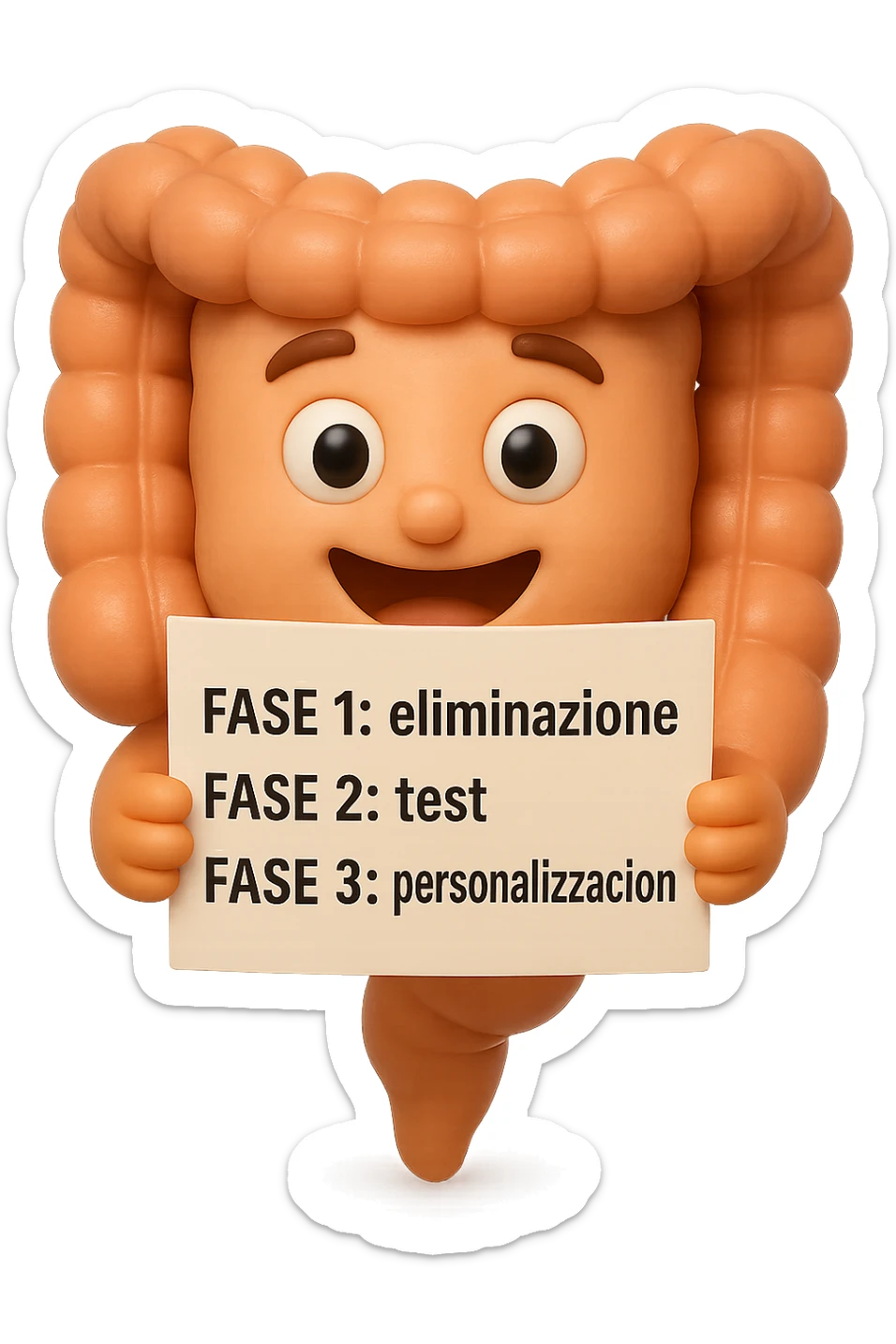 emoji stile iphone 3d di un intestino che tiene in mano un foglio con la scritta "FASE 1: eliminazione, FASE 2: test, FASE 3: personalizzazione, IPERREALISTICO 4K sticker