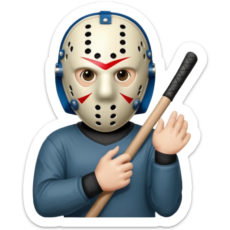 a cartoon image of Jason Voorhees, looking cute, with his hands together in front of him sticker
