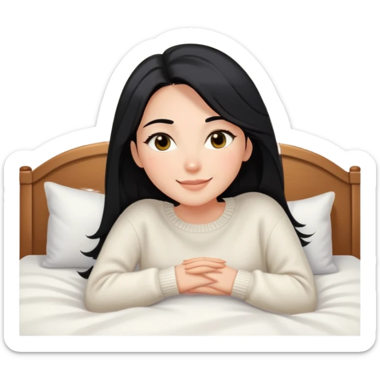A woman with longer black hair, light to medium skin tone, full cheeks, and almond-shaped eyes, wearing a simple white sweater, lying comfortably on a bed with soft lighting, joyful and radiant expression sticker