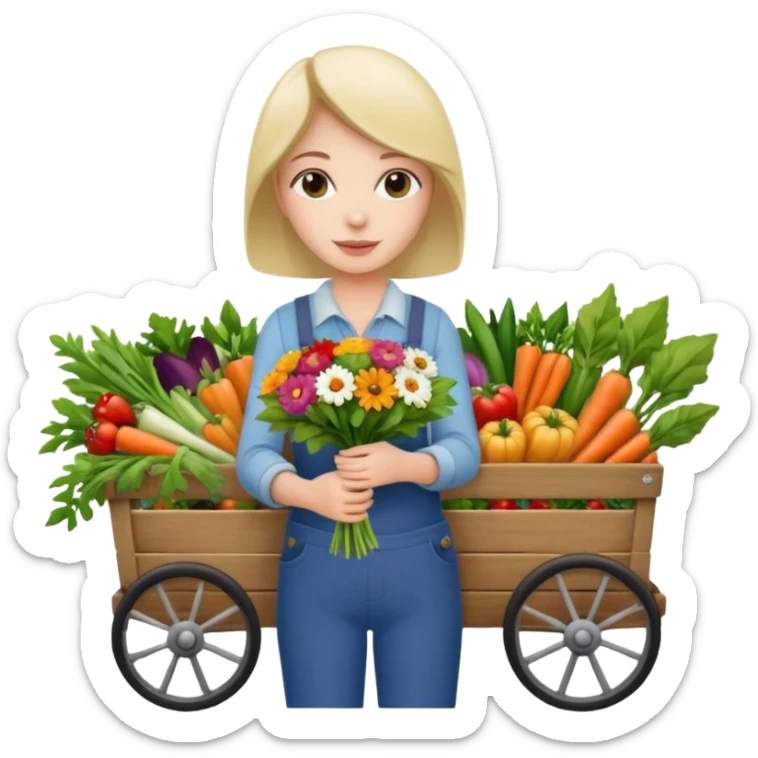 Shopper with flower bouquet,Farmers’ Market, background veggies cart. sticker