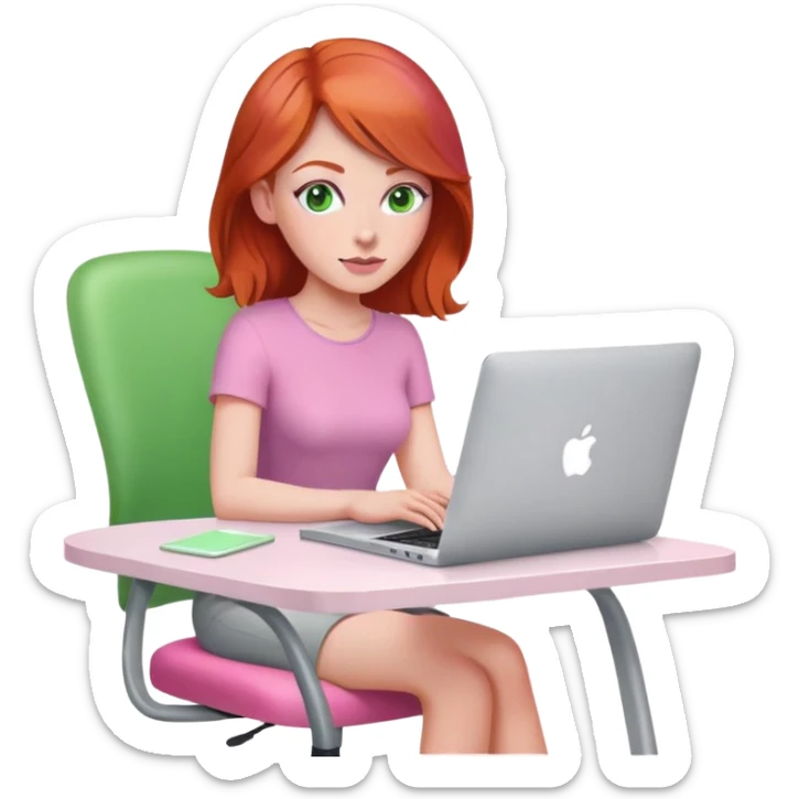 Red head green eyed  sat at desk with pink MacBook on pink chair sticker