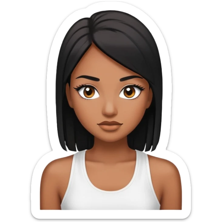 Woman with brown skin black straight hair white tank top and lashes sticker