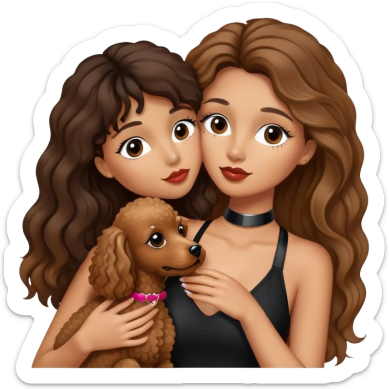 girl with long balayage hair and long lashes, wearing black halterneck top, and holding and kissing a brown poodle sticker