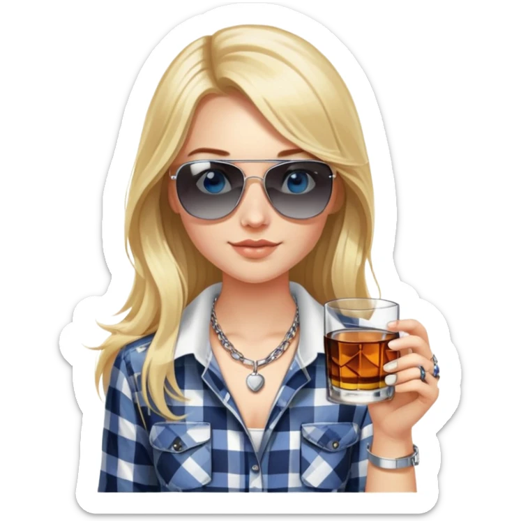 girl with long blond hair, wearing black and white plaid shirt, with blue eyes and aviator sunglasses, wearing a ring on her silver necklace around her neck, holding a glass of whiskey sticker