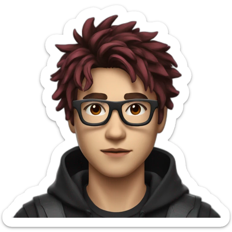 A 19 year old guy, with messy hair with fading on the side, wearing futuristic spatial computing glasses, in a black outfit with dark red accents sticker