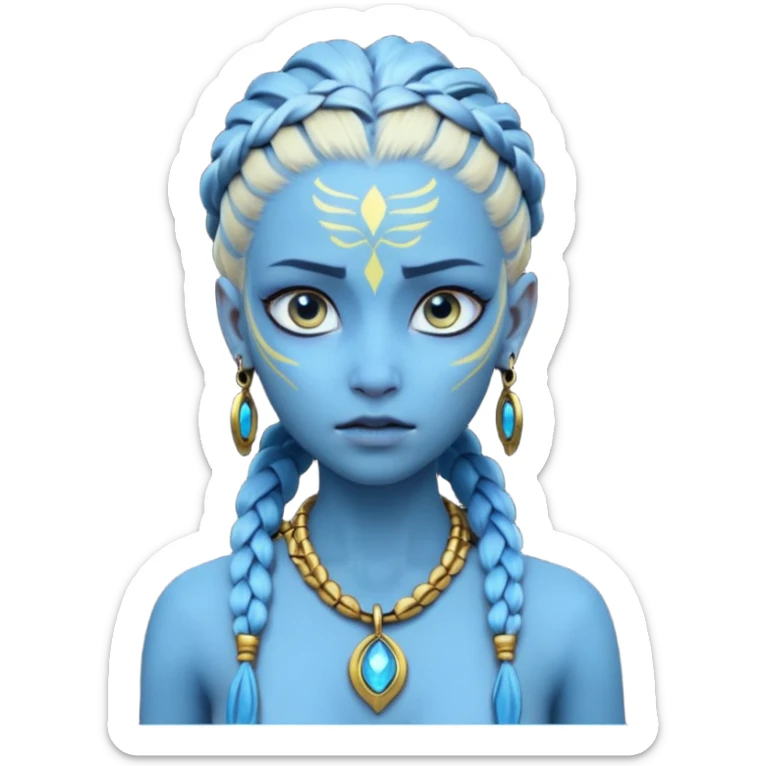 Create an icon of a Na’vi-inspired female character with glowing blue skin, braided hair, tribal forehead markings, large expressive eyes, gold earrings, and a rope necklace with a golden pendant. The expression should be calm and serious, matching the style of the movie Avatar sticker