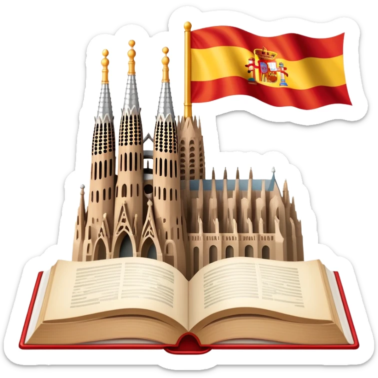 An icon featuring the Sagrada Familia and the flag of Spain, symbolizing the Spanish language. The design includes an open book with Spanish text and flamenco dancers, representing language learning and cultural heritage. Transparent background sticker