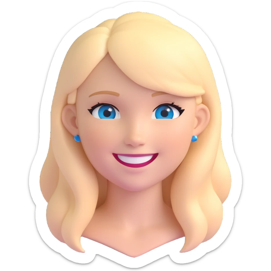 3D emoji of a white girl with blonde hair and blue eyes, smiling sticker