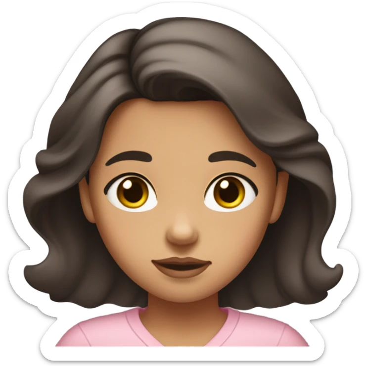 A girl with long, wavy, dark brown hair. She has almost black brown eyes and slightly tanned skin. Her lips are pink and she has a bit of blush on, she wears mascara on her eyelashes. Her hair is parted down the middle and her shirt is a pink one with a V-neck and is light pink. sticker