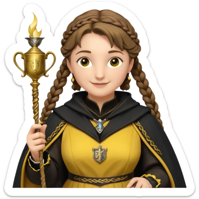 Helga Hufflepuff,the Hogwarts founder of Hufflepuff,brown-haired,2braids,yellow-black medieval dress with black cloak decorated with gold braiding,flickering magic wand and tiny two-handled shiny gold cup engraved with the badger silhouette,very kind smile,curvy busty sweet sticker