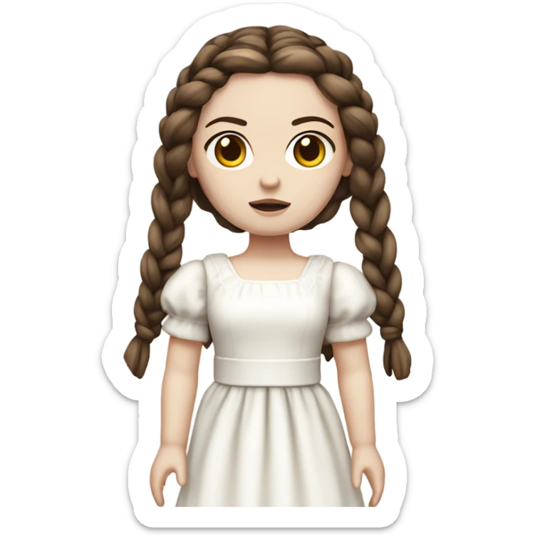 Doll with brown straight hair in braids, wearing a white dress and a serious expression. She has pale skin and a classic porcelain doll appearance, looking terrifying. sticker