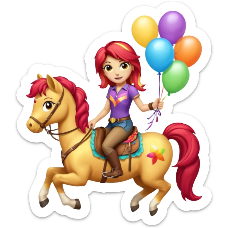 sunset shimmer mlp holding colorful balloons tied to its saddle, looking cheerful. sticker