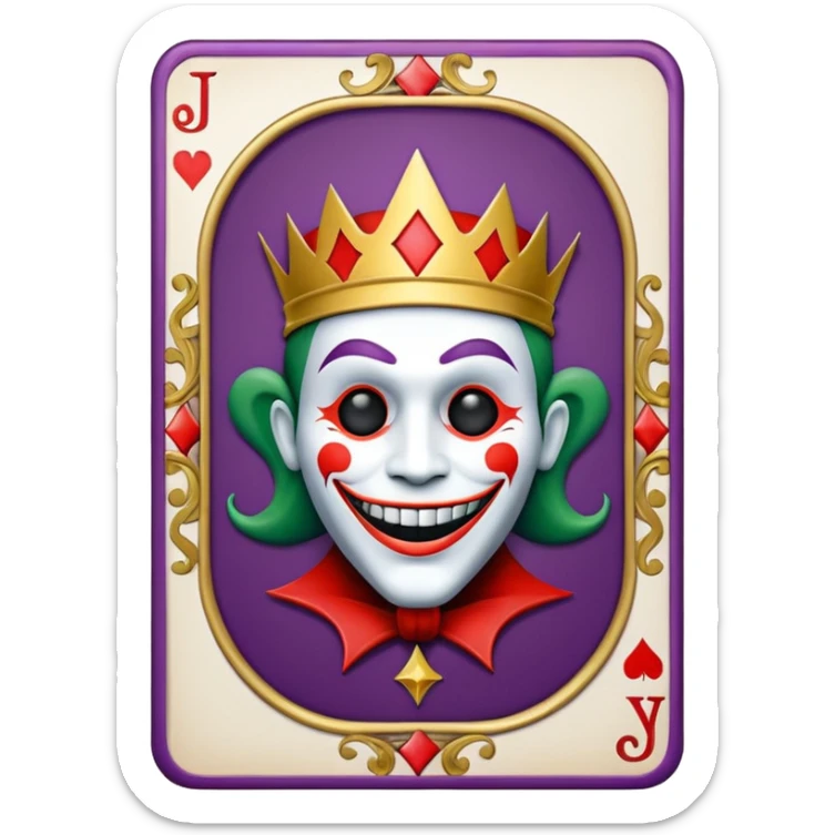 1 poker card, perfectly squared card, with crazy colorful human jolly joker inside, star symbol with a "J" sticker