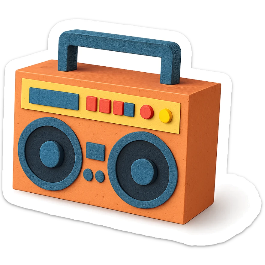 angled view of a paper-craft style boombox with extra details like buttons and speakers sticker