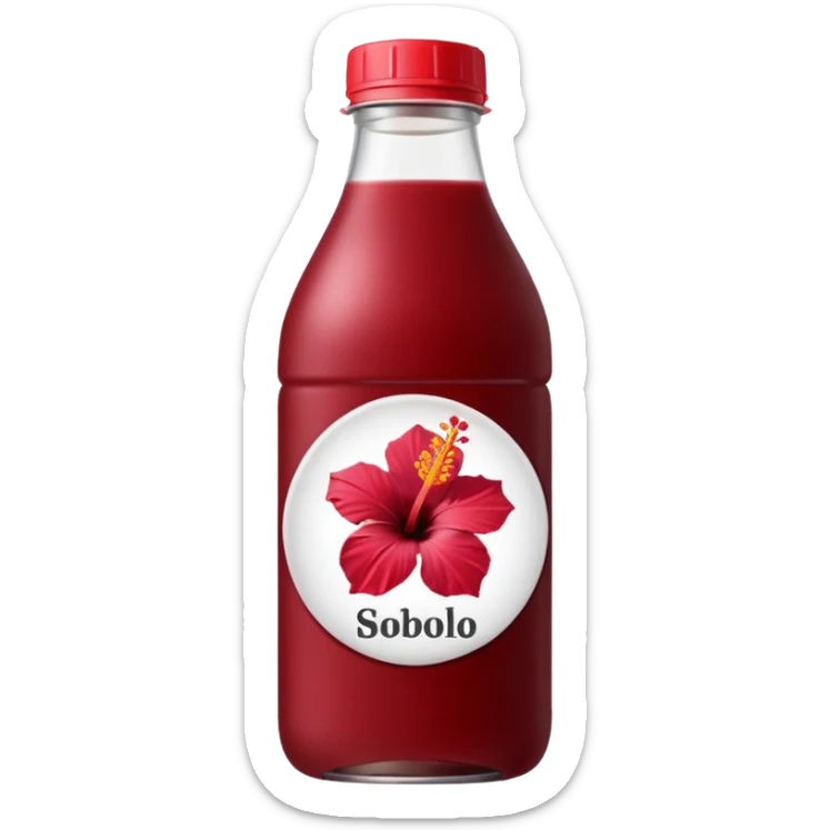 sobolo emoji (Ghanaian frink) in a plastic bottle and make the juice dark red  but a hibiscus on it and  write sobolo on it no hibiscus behind it on the label instead sticker
