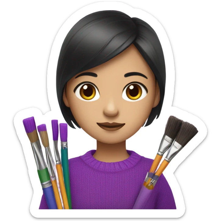 Half Asian girl in bright purple sweater holding paintbrushes and pencils sticker