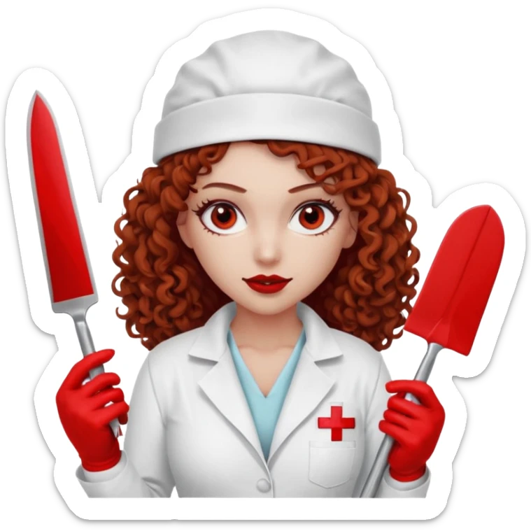 Scary woman scalpel in hand, evil surgeon sexy surgeon clothes.  She has red eyes. Her  brown long curly hair. Wears sexy doctor outfit with red gloves. make her wear red ski mask  to hide. Wears white surgeon jcketneb sticker