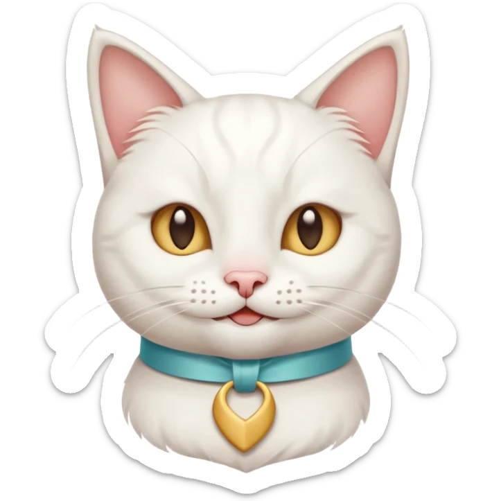 Head of a white cat, smiling, with a loose ribbon on top of its head
 sticker