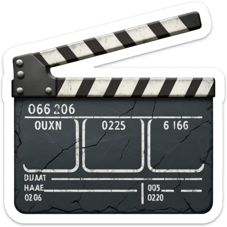 Minimalist emoji-style sticker of a cracked movie clapperboard with the date “06/06/66”, faint scorched marks, all in grayscale


 sticker