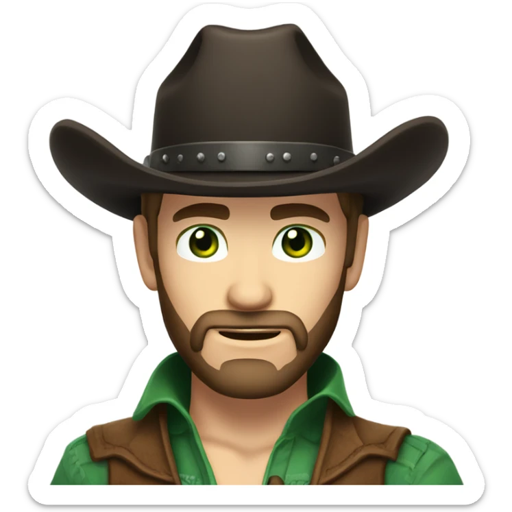 Caucasian male with green eyes, a dark brown beard dressed as a cowboy with short hair, western hat black sticker