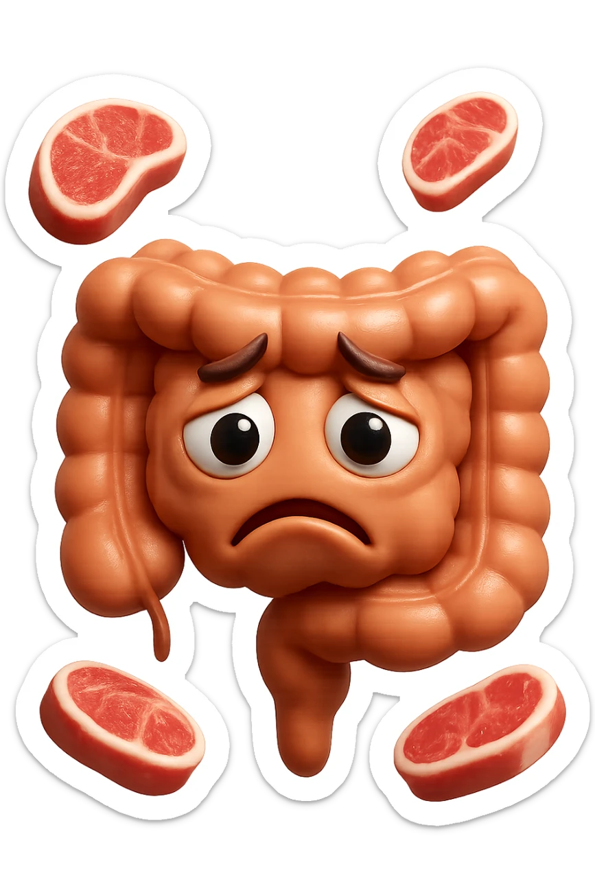 emoji stile iphone in 3d di un intestino triste con fette di carne che gli fluttuano intorno, gli occhi falli con la parte bianca pure, iperrealistico 4k sticker