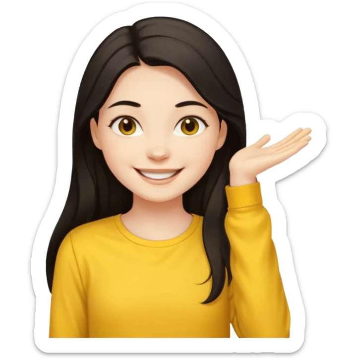 girl on her laptop, long dark hair white skin and yellow shirt long sleeves, smiling sticker