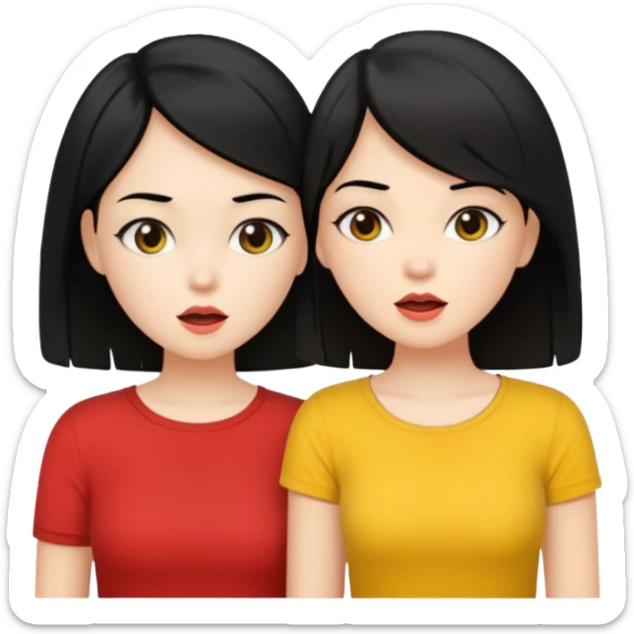 2 girls gossiping. both are fair and have black hair. One has short hair, one has long. One is wearing yellow, one is wearing red sticker