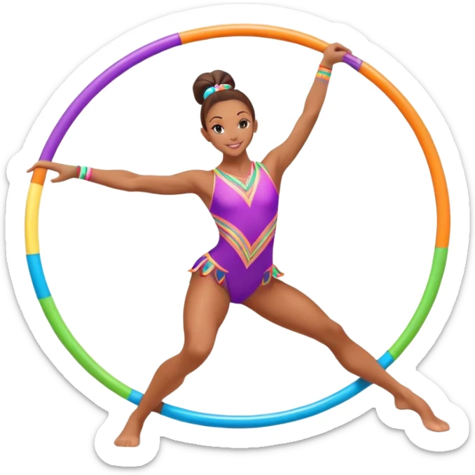 An energetic gymnast performing aerobics with a hula hoop. The gymnast is spinning the hoop around their waist in an elegant pose. The background is a lively fitness studio with colorful lights and an active atmosphere, showcasing movement and grace. sticker