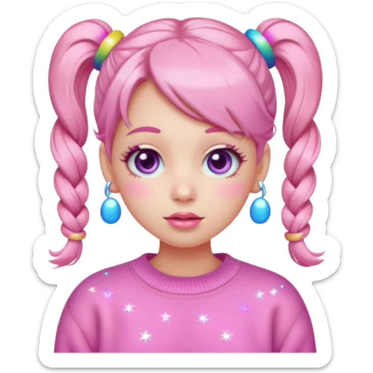 “Emoji girl, pastel pink blush, sparkly wide eyes, glossy bubblegum lips, hair in pigtails with colorful clips, oversized pastel sweater.” sticker
