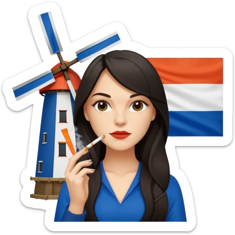 Windmill with on top ot the building a dutch flag and a white girl with dark long hair smoking a joint sticker