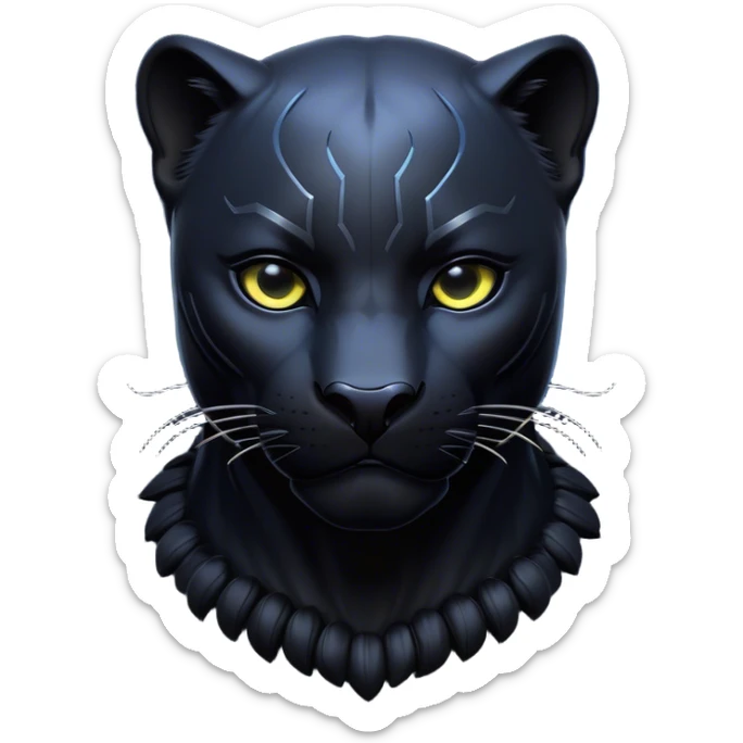 Cinematic Noble black Panther Portrait Emoji, Poised and regal, with a sleek, muscular build draped in glossy, midnight-black fur and piercing, luminescent eyes, Simplified yet sharp and sophisticated features, highly detailed, glowing with a soft, mysterious glow, high shine, intelligent and enigmatic, stylized with an air of stealthy authority, focused and commanding, soft glowing outline, capturing the essence of a watchful and confident jungle guardian that appears ready to prowl out of the screen with effortless authority! sticker