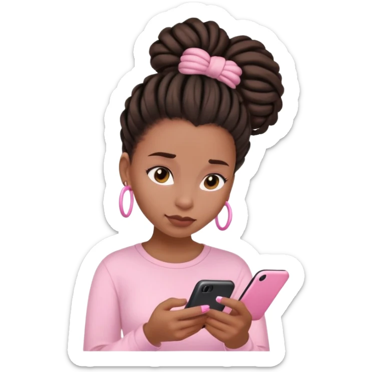 Dark brown woman with dreadlocks in bun Light pink shirt texting on pink phone sticker
